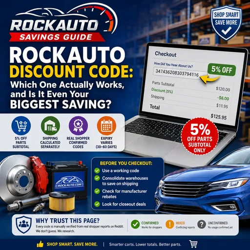 RockAuto discount code checkout example showing 5% off applied in the How Did You Hear About Us field
